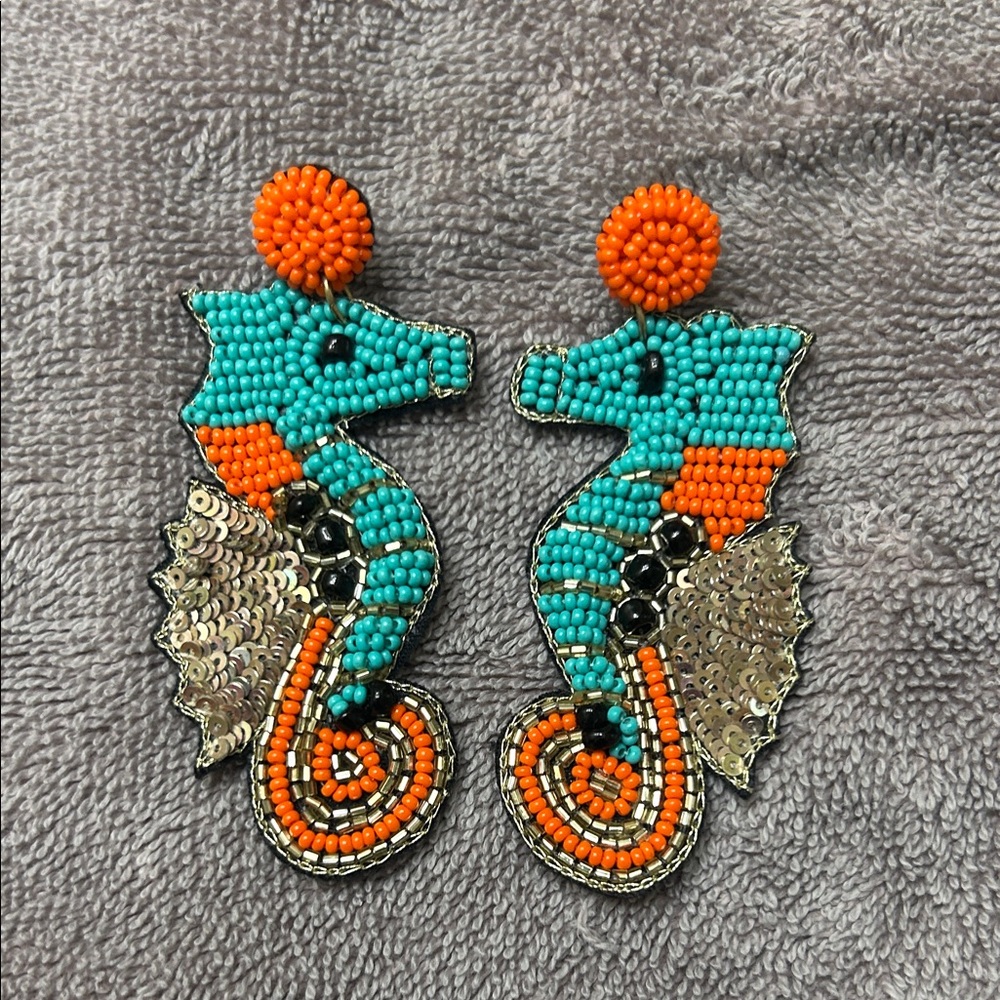 Turquoise & Orange Beaded Seahorse Drop Earrings